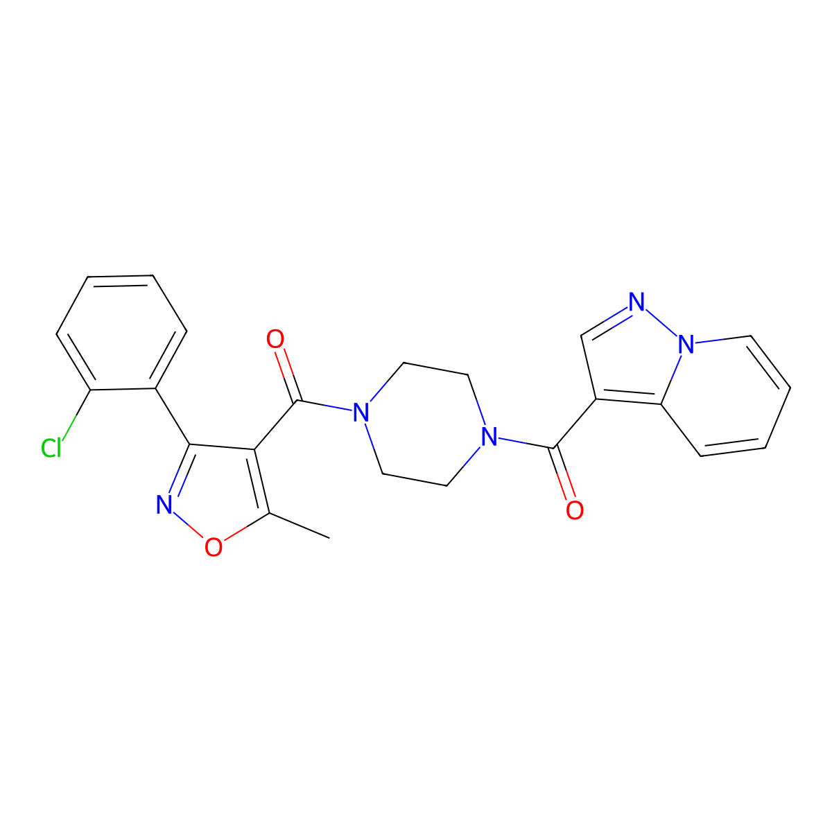 (3-(2-Chlorophenyl)-5-methylisoxazol-4-yl)(4-(pyrazolo[1,5-a]pyridine-3-carbonyl)piperazin-1-yl)methanone molecular structure, CAS 1396868-75-9