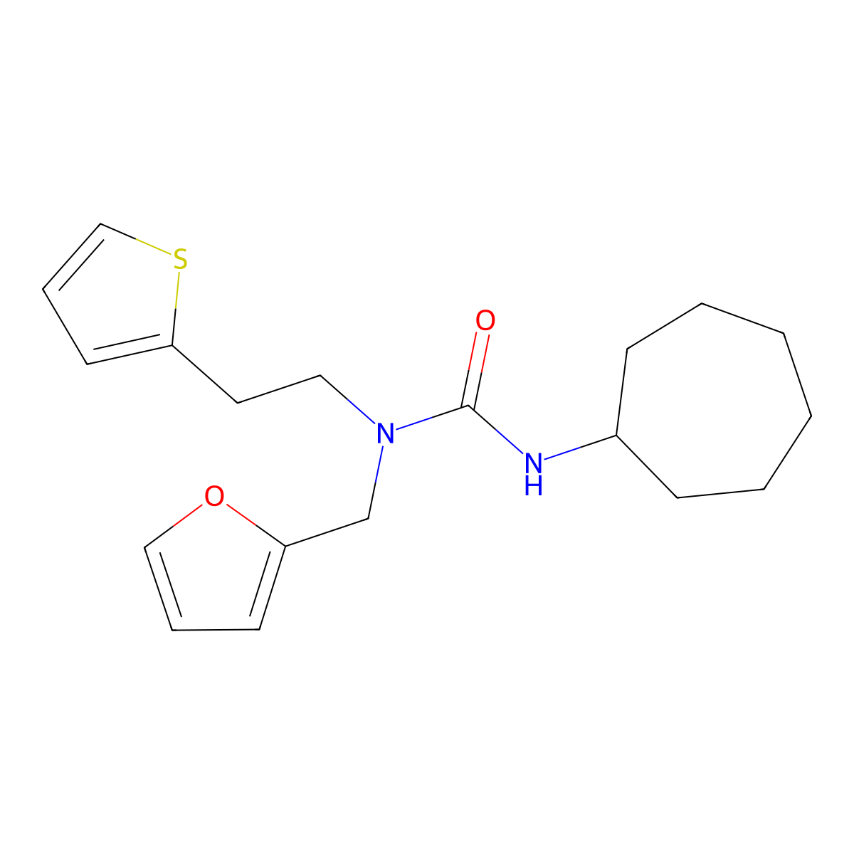 3-Cycloheptyl-1-(furan-2-ylmethyl)-1-(2-(thiophen-2-yl)ethyl)urea molecular structure, CAS 1396868-86-2