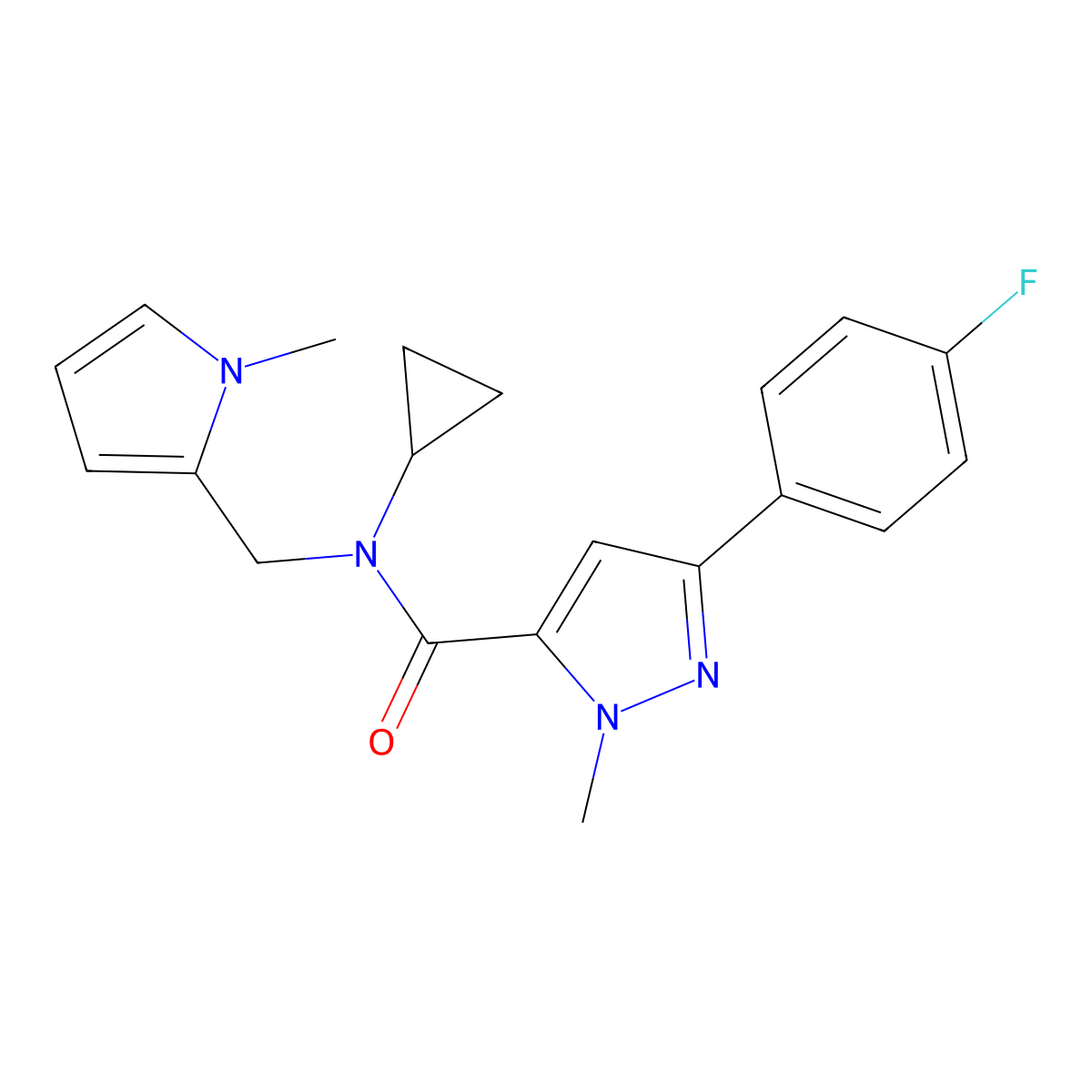 N-cyclopropyl-3-(4-fluorophenyl)-1-methyl-N-[(1-methyl-1H-pyrrol-2-yl)methyl]-1H-pyrazole-5-carboxamide molecular structure, CAS 1396868-96-4
