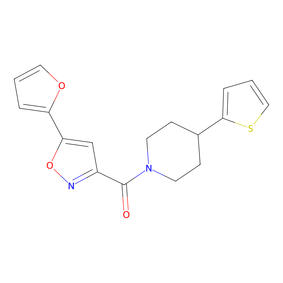 (5-(Furan-2-yl)isoxazol-3-yl)(4-(thiophen-2-yl)piperidin-1-yl)methanone molecular structure, CAS 1396869-07-0
