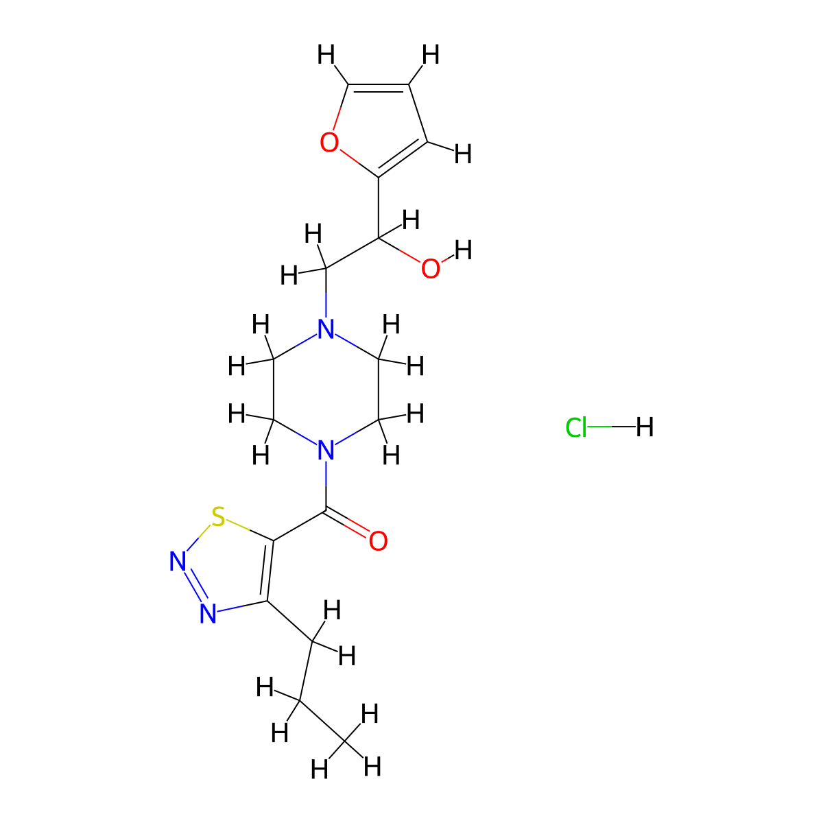 (4-(2-(Furan-2-yl)-2-hydroxyethyl)piperazin-1-yl)(4-propyl-1,2,3-thiadiazol-5-yl)methanone hydrochloride molecular structure, CAS 1396869-09-2