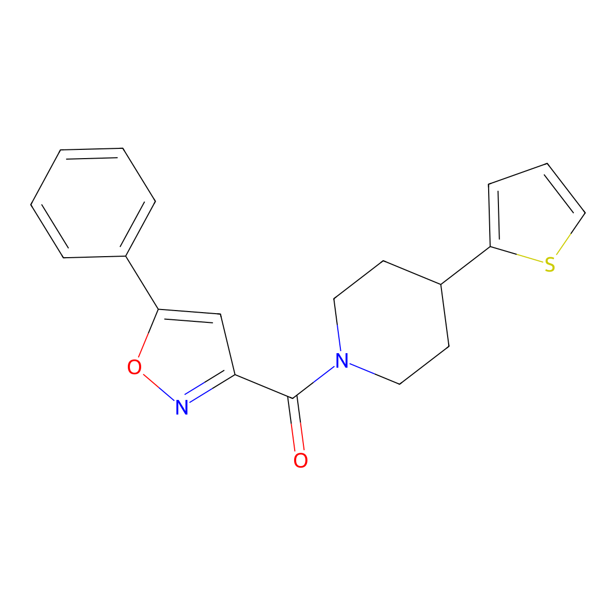 (5-Phenylisoxazol-3-yl)(4-(thiophen-2-yl)piperidin-1-yl)methanone molecular structure, CAS 1396869-14-9