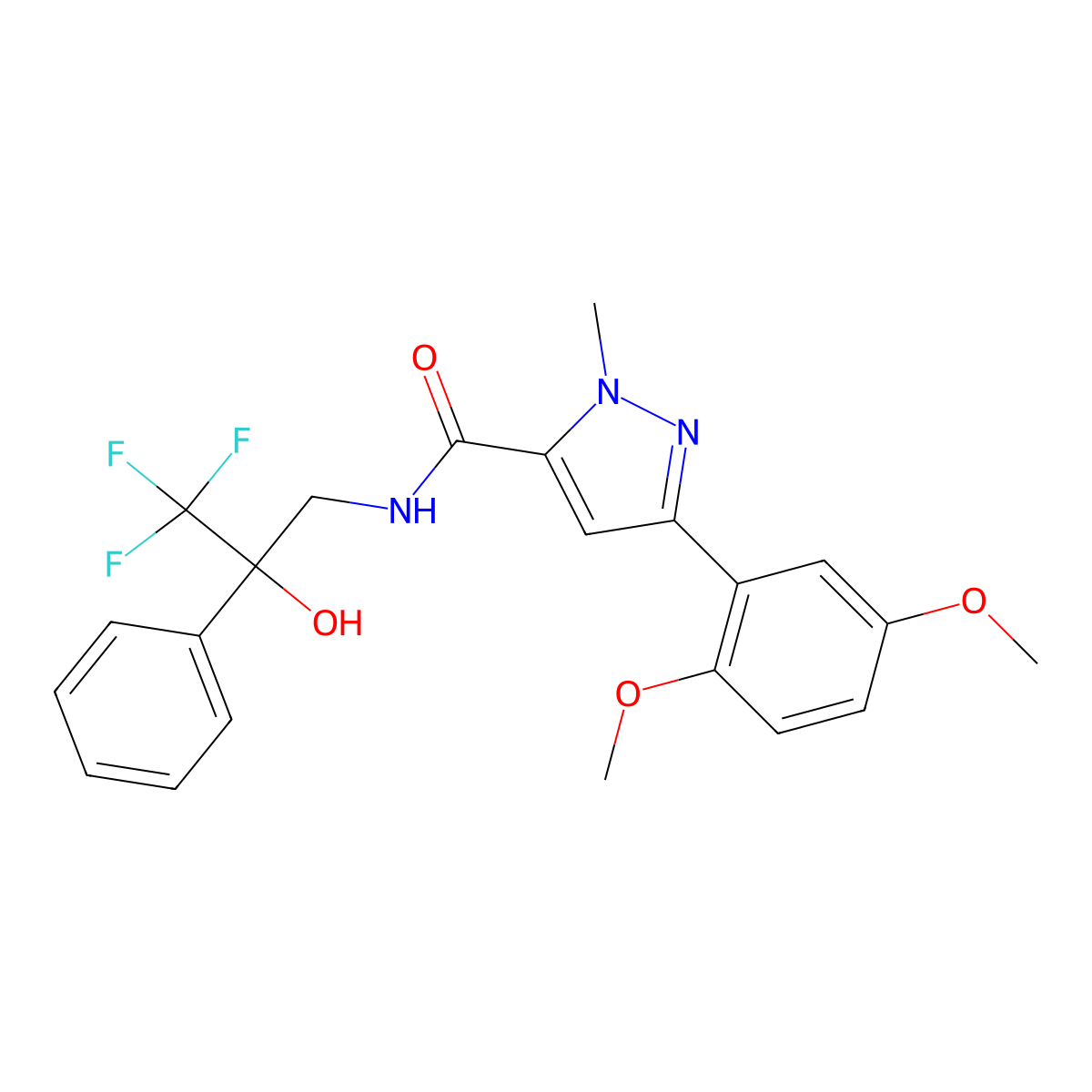 3-(2,5-dimethoxyphenyl)-1-methyl-N-(3,3,3-trifluoro-2-hydroxy-2-phenylpropyl)-1H-pyrazole-5-carboxamide molecular structure, CAS 1396869-21-8