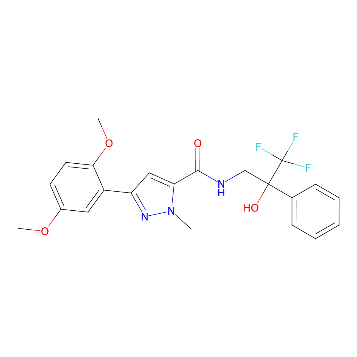 3-(2,5-dimethoxyphenyl)-1-methyl-N-(3,3,3-trifluoro-2-hydroxy-2-phenylpropyl)-1H-pyrazole-5-carboxamide molecular structure, CAS 1396869-21-8