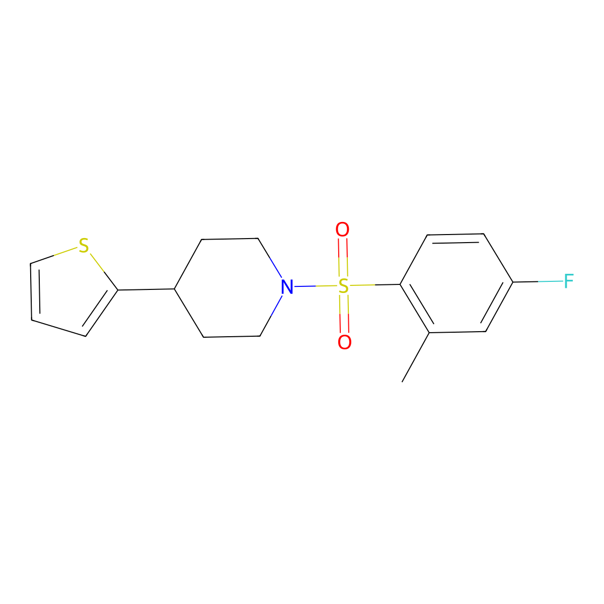 1-((4-Fluoro-2-methylphenyl)sulfonyl)-4-(thiophen-2-yl)piperidine molecular structure, CAS 1396869-22-9