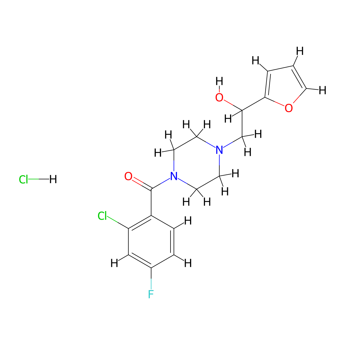 (2-Chloro-4-fluorophenyl)(4-(2-(furan-2-yl)-2-hydroxyethyl)piperazin-1-yl)methanone hydrochloride molecular structure, CAS 1396869-26-3
