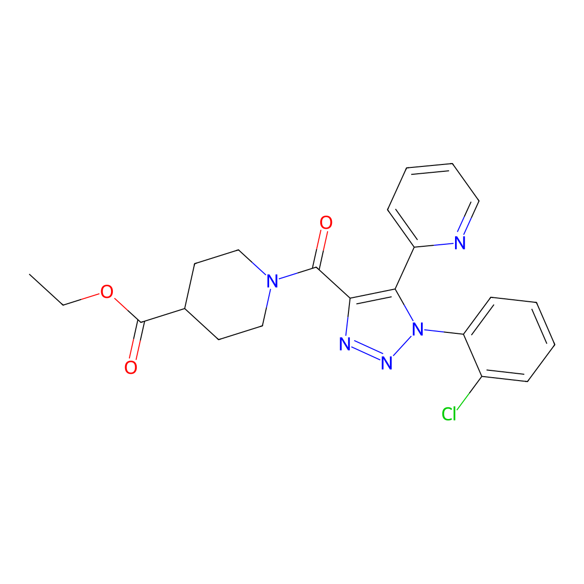 ethyl 1-(1-(2-chlorophenyl)-5-(pyridin-2-yl)-1H-1,2,3-triazole-4-carbonyl)piperidine-4-carboxylate molecular structure, CAS 1396869-43-4