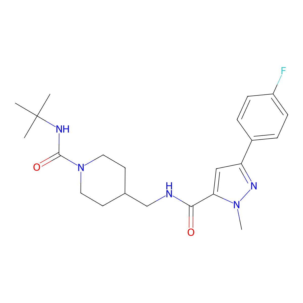 N-(tert-butyl)-4-((3-(4-fluorophenyl)-1-methyl-1H-pyrazole-5-carboxamido)methyl)piperidine-1-carboxamide molecular structure, CAS 1396869-47-8