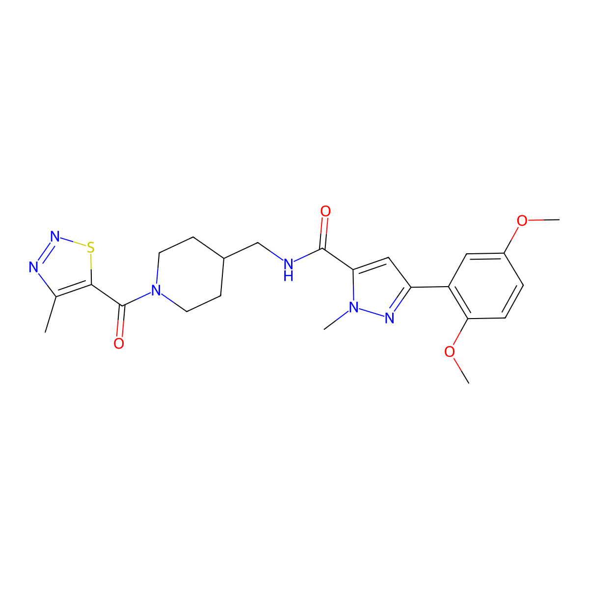3-(2,5-dimethoxyphenyl)-1-methyl-N-{[1-(4-methyl-1,2,3-thiadiazole-5-carbonyl)piperidin-4-yl]methyl}-1H-pyrazole-5-carboxamide molecular structure, CAS 1396869-64-9