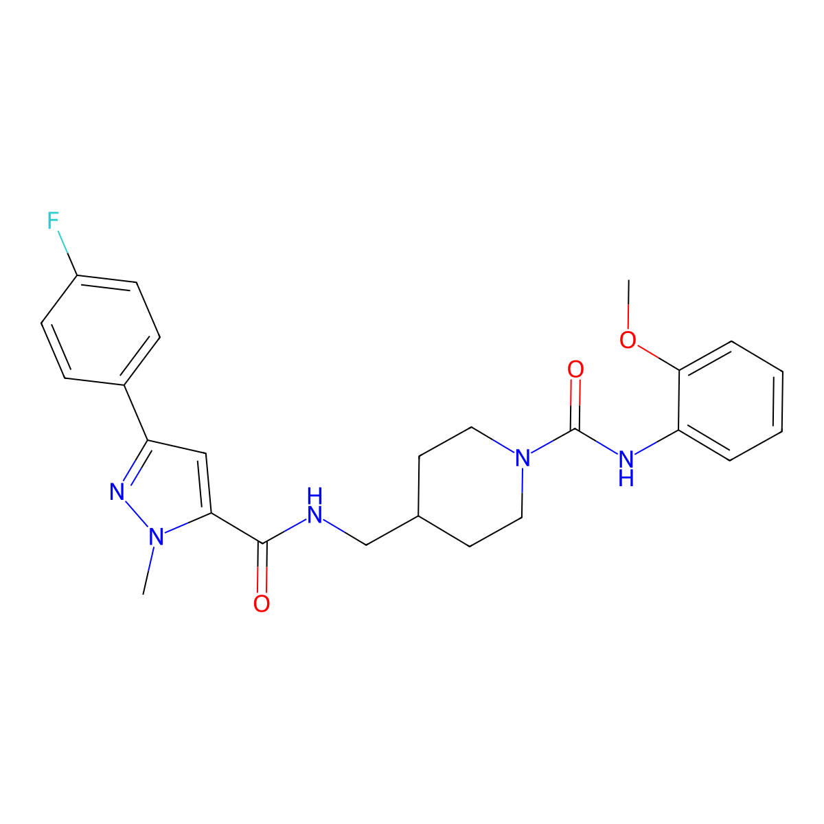 4-((3-(4-fluorophenyl)-1-methyl-1H-pyrazole-5-carboxamido)methyl)-N-(2-methoxyphenyl)piperidine-1-carboxamide molecular structure, CAS 1396869-72-9