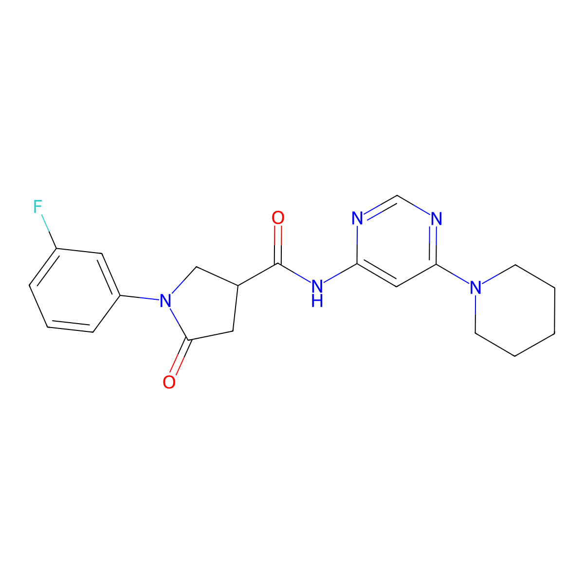 1-(3-fluorophenyl)-5-oxo-N-[6-(piperidin-1-yl)pyrimidin-4-yl]pyrrolidine-3-carboxamide molecular structure, CAS 1396869-85-4