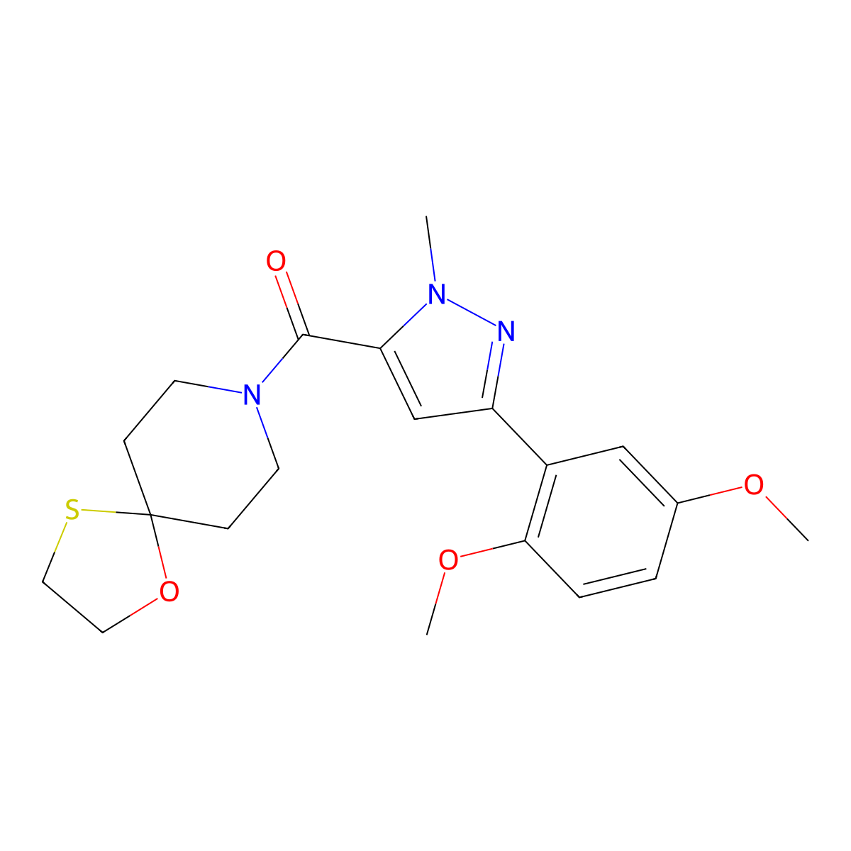 (3-(2,5-dimethoxyphenyl)-1-methyl-1H-pyrazol-5-yl)(1-oxa-4-thia-8-azaspiro[4.5]decan-8-yl)methanone molecular structure, CAS 1396870-06-6