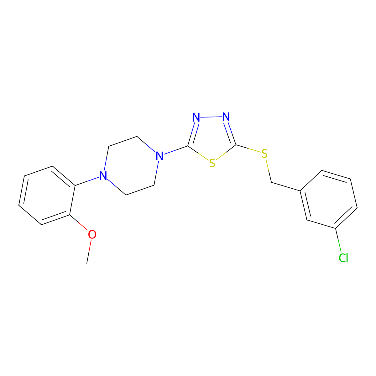 2-((3-Chlorobenzyl)thio)-5-(4-(2-methoxyphenyl)piperazin-1-yl)-1,3,4-thiadiazole molecular structure, CAS 1396870-09-9