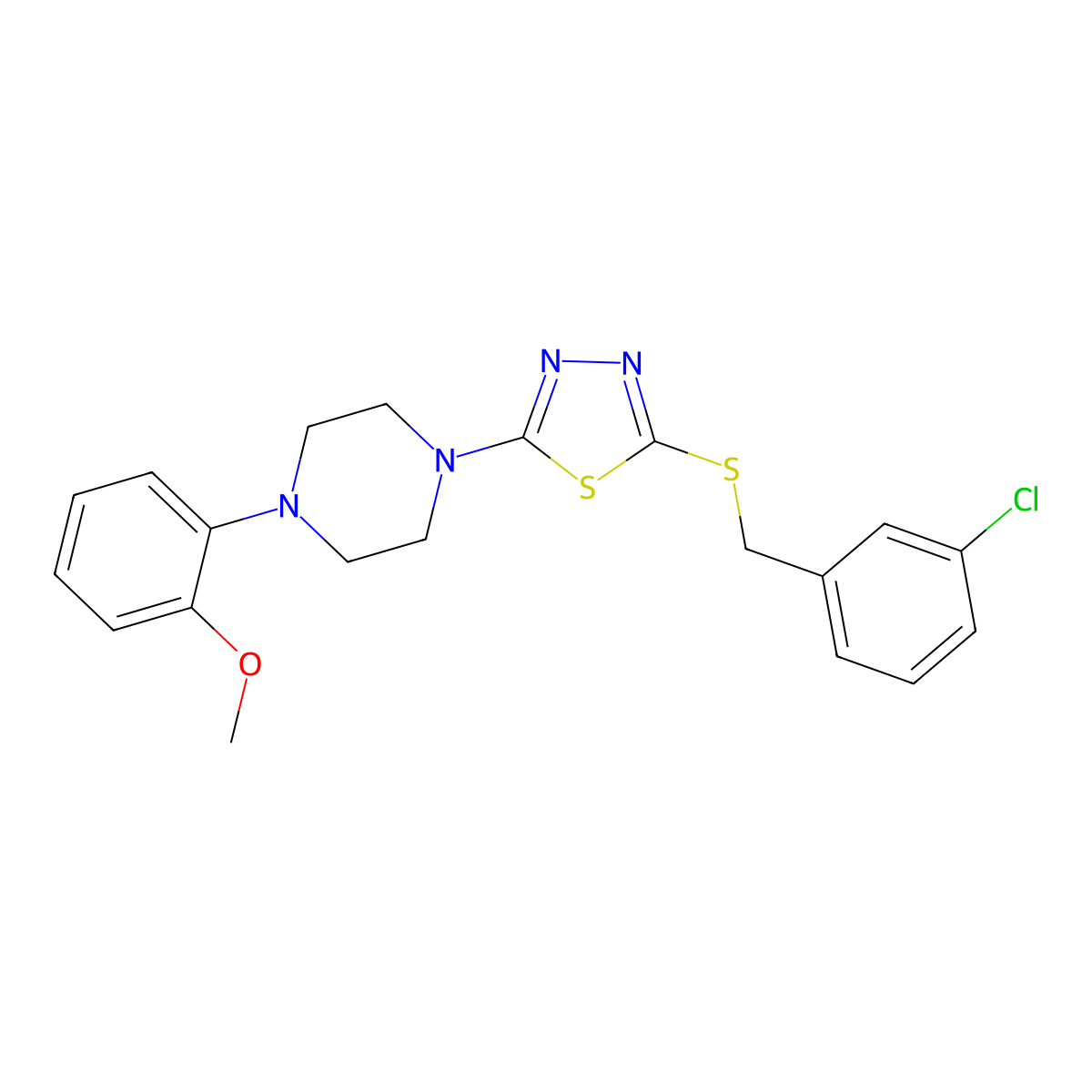 2-((3-Chlorobenzyl)thio)-5-(4-(2-methoxyphenyl)piperazin-1-yl)-1,3,4-thiadiazole molecular structure, CAS 1396870-09-9