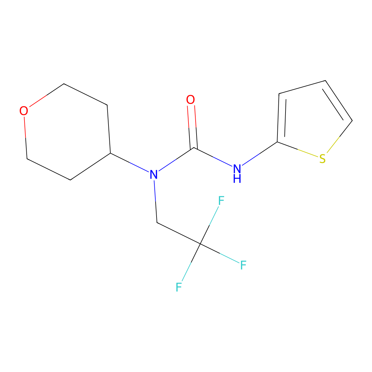 1-(tetrahydro-2H-pyran-4-yl)-3-(thiophen-2-yl)-1-(2,2,2-trifluoroethyl)urea molecular structure, CAS 1396870-11-3