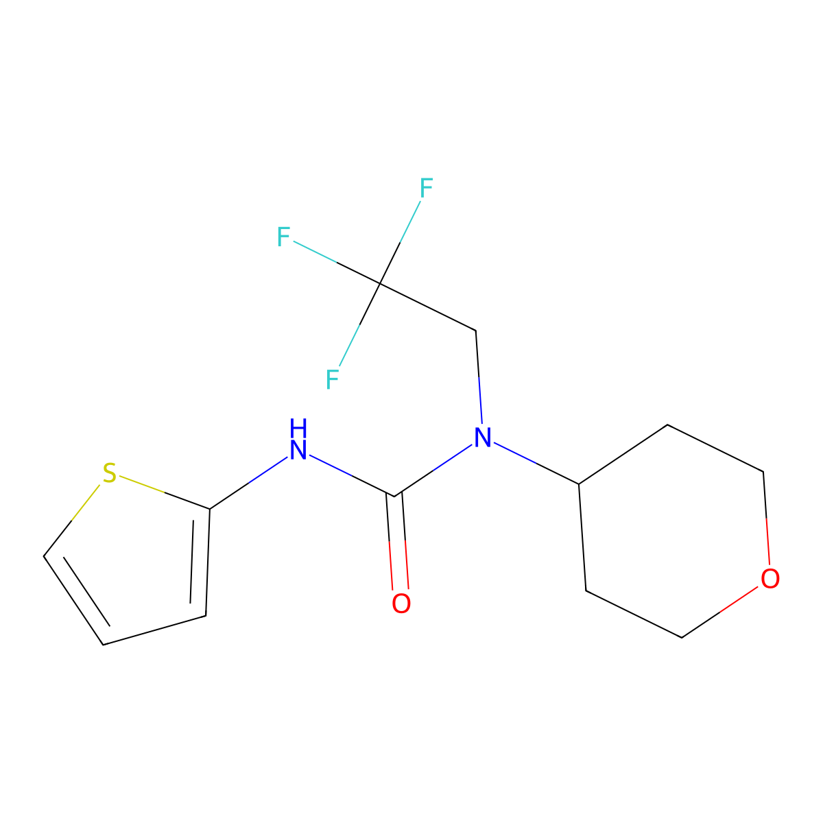 1-(tetrahydro-2H-pyran-4-yl)-3-(thiophen-2-yl)-1-(2,2,2-trifluoroethyl)urea molecular structure, CAS 1396870-11-3