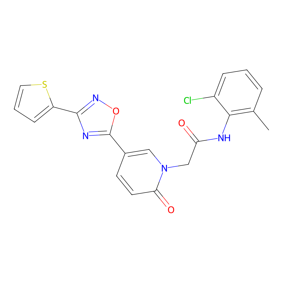 N-(2-chloro-6-methylphenyl)-2-[2-oxo-5-[3-(2-thienyl)-1,2,4-oxadiazol-5-yl]pyridin-1(2H)-yl]acetamide molecular structure, CAS 1396870-18-0