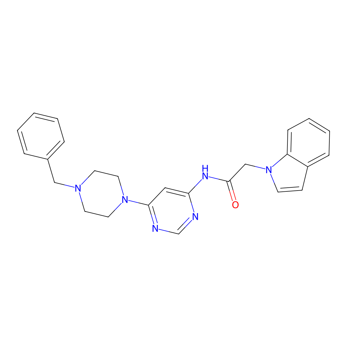 N-(6-(4-benzylpiperazin-1-yl)pyrimidin-4-yl)-2-(1H-indol-1-yl)acetamide molecular structure, CAS 1396870-52-2
