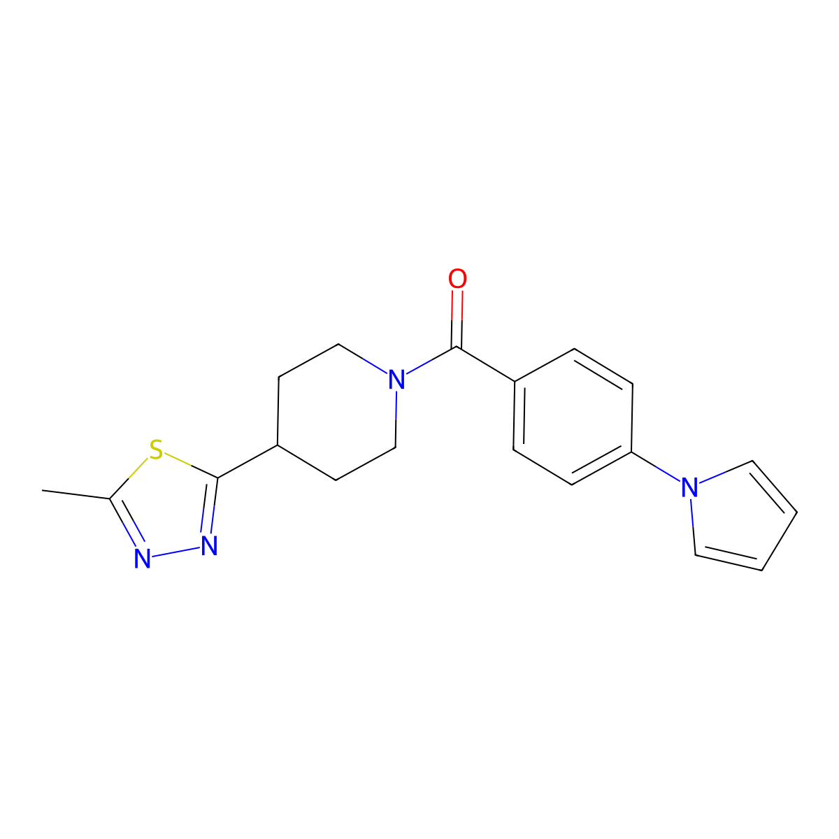 (4-(1H-pyrrol-1-yl)phenyl)(4-(5-methyl-1,3,4-thiadiazol-2-yl)piperidin-1-yl)methanone molecular structure, CAS 1396870-62-4