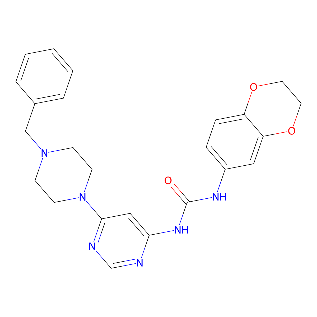 1-(6-(4-Benzylpiperazin-1-yl)pyrimidin-4-yl)-3-(2,3-dihydrobenzo[b][1,4]dioxin-6-yl)urea molecular structure, CAS 1396870-63-5