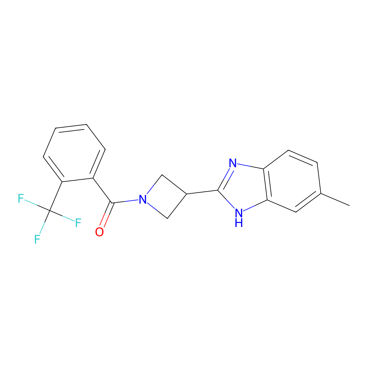 (3-(5-methyl-1H-benzo[d]imidazol-2-yl)azetidin-1-yl)(2-(trifluoromethyl)phenyl)methanone molecular structure, CAS 1396870-71-5