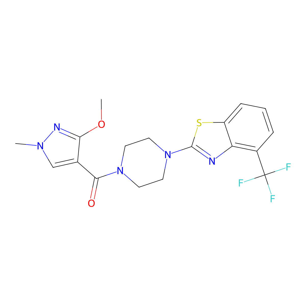 2-[4-(3-methoxy-1-methyl-1H-pyrazole-4-carbonyl)piperazin-1-yl]-4-(trifluoromethyl)-1,3-benzothiazole molecular structure, CAS 1396870-75-9
