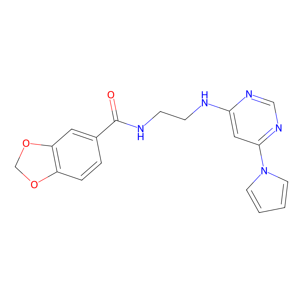 N-(2-((6-(1H-pyrrol-1-yl)pyrimidin-4-yl)amino)ethyl)benzo[d][1,3]dioxole-5-carboxamide molecular structure, CAS 1396870-92-0