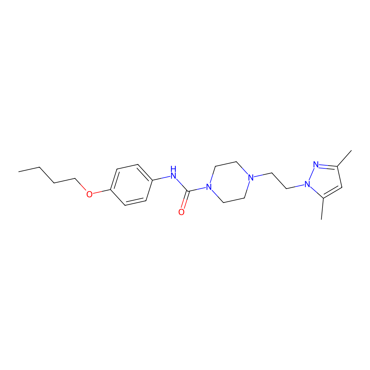 N-(4-butoxyphenyl)-4-(2-(3,5-dimethyl-1H-pyrazol-1-yl)ethyl)piperazine-1-carboxamide molecular structure, CAS 1396870-93-1