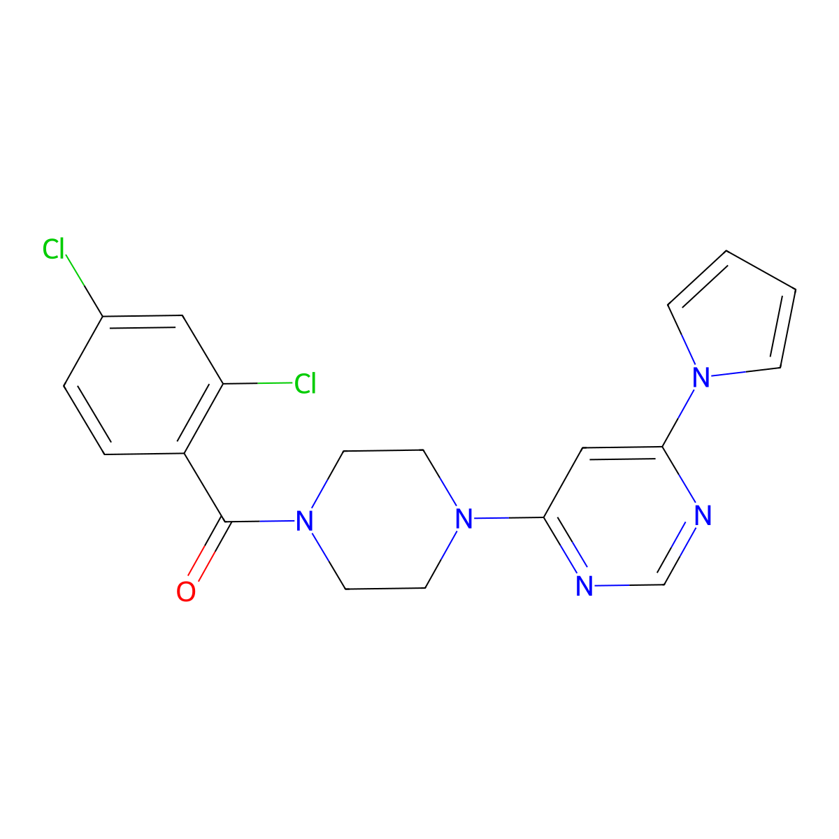 (4-(6-(1H-pyrrol-1-yl)pyrimidin-4-yl)piperazin-1-yl)(2,4-dichlorophenyl)methanone molecular structure, CAS 1396871-05-8