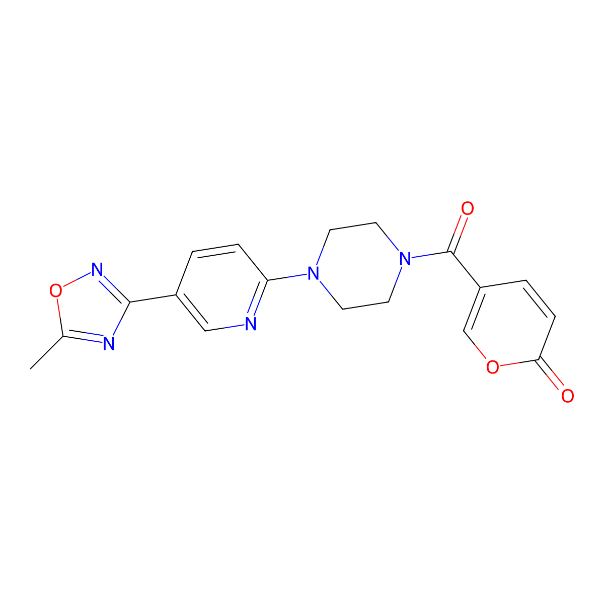 5-{4-[5-(5-methyl-1,2,4-oxadiazol-3-yl)pyridin-2-yl]piperazine-1-carbonyl}-2H-pyran-2-one molecular structure, CAS 1396871-06-9
