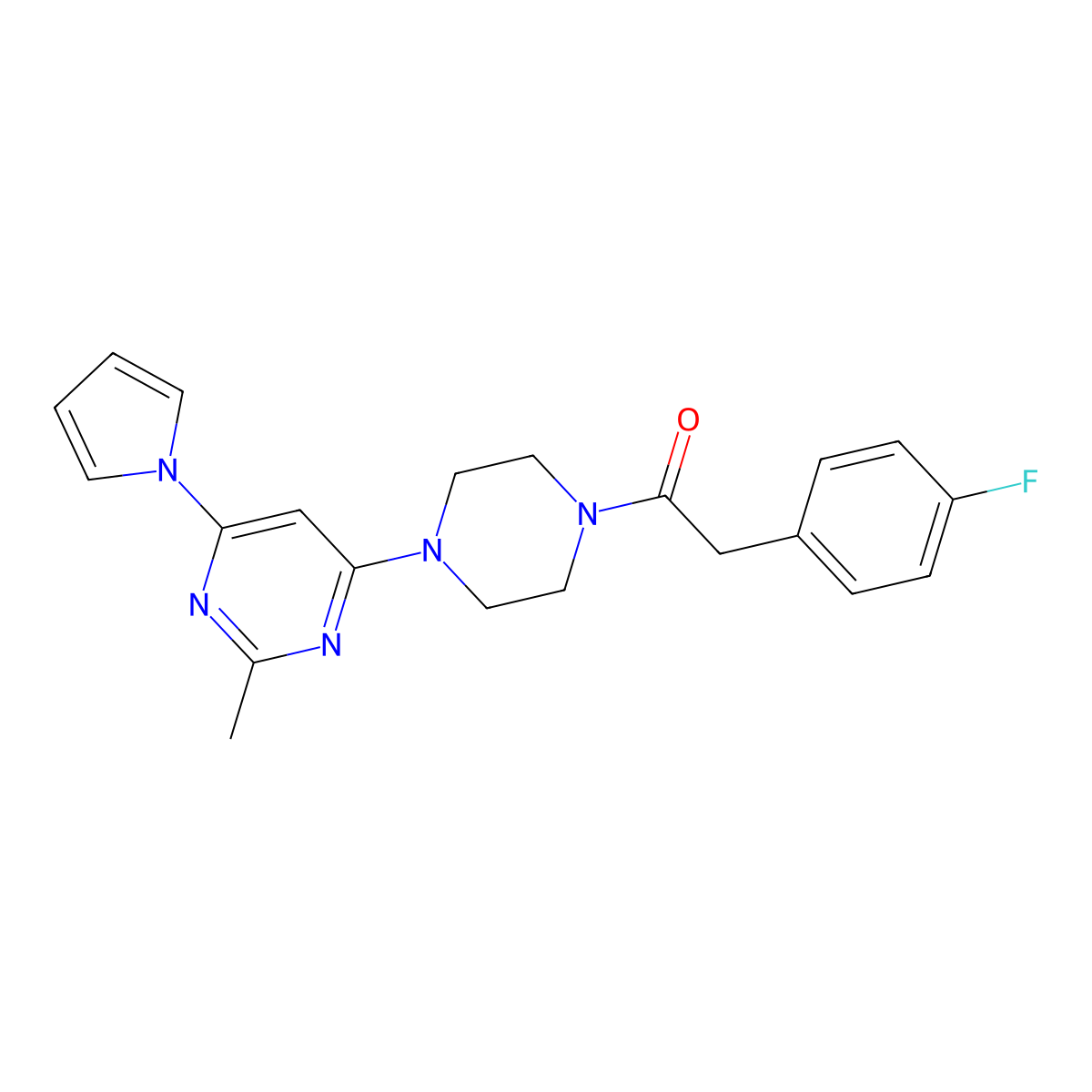 2-(4-fluorophenyl)-1-(4-(2-methyl-6-(1H-pyrrol-1-yl)pyrimidin-4-yl)piperazin-1-yl)ethanone molecular structure, CAS 1396871-09-2