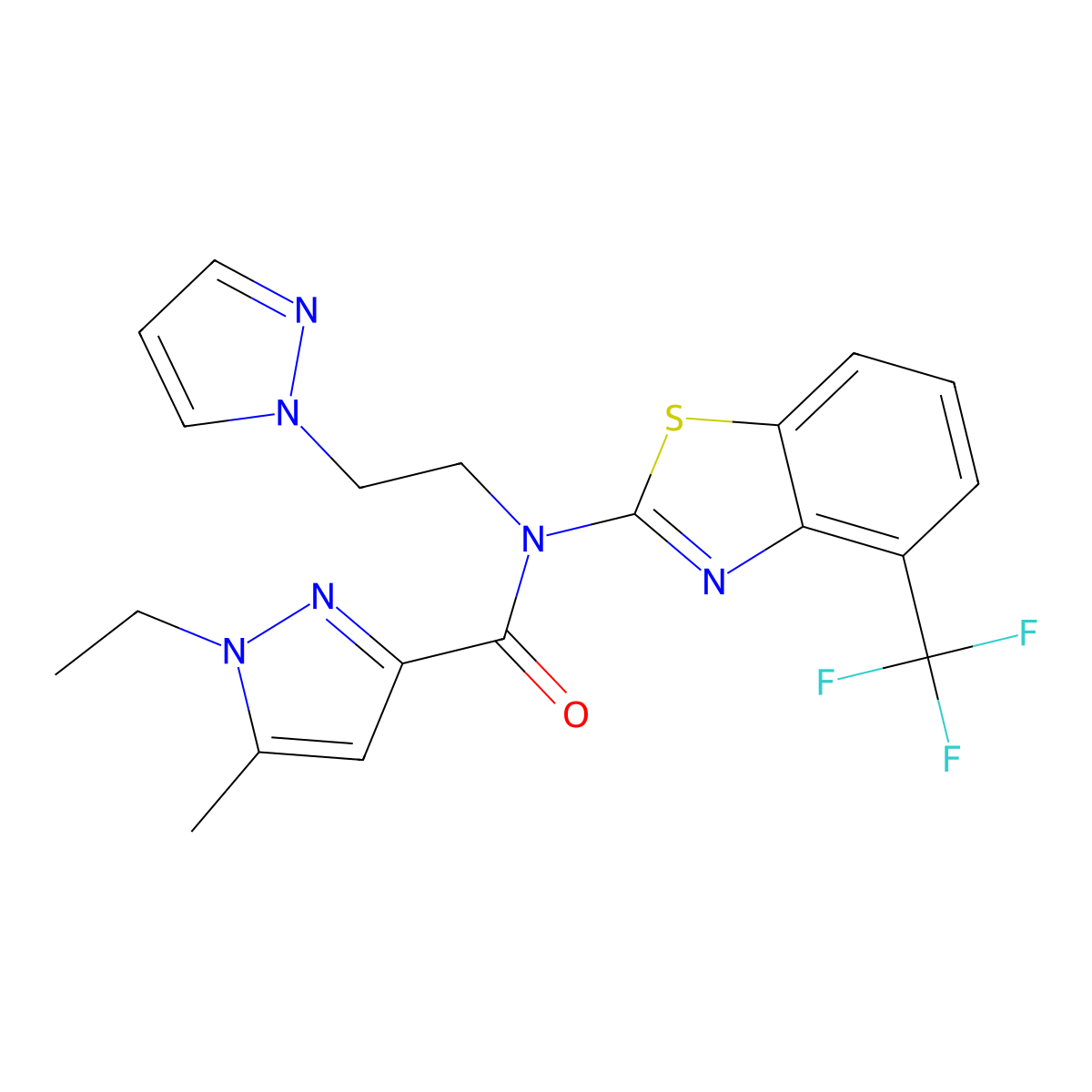 N-(2-(1H-pyrazol-1-yl)ethyl)-1-ethyl-5-methyl-N-(4-(trifluoromethyl)benzo[d]thiazol-2-yl)-1H-pyrazole-3-carboxamide molecular structure, CAS 1396871-10-5