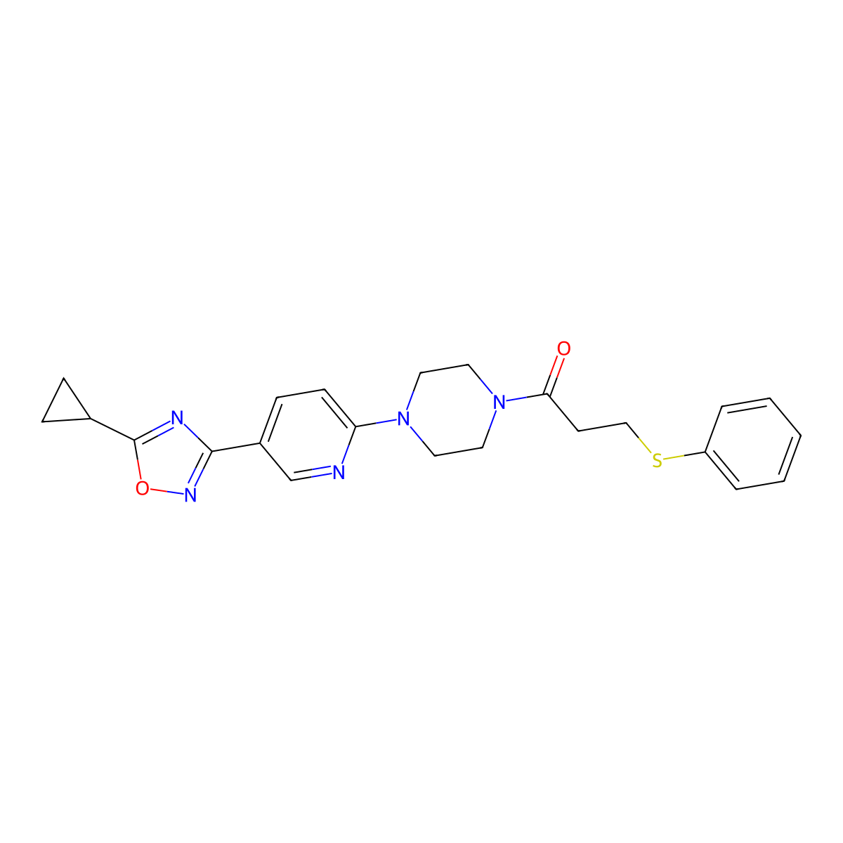 1-(4-(5-(5-Cyclopropyl-1,2,4-oxadiazol-3-yl)pyridin-2-yl)piperazin-1-yl)-3-(phenylthio)propan-1-one molecular structure, CAS 1396871-12-7