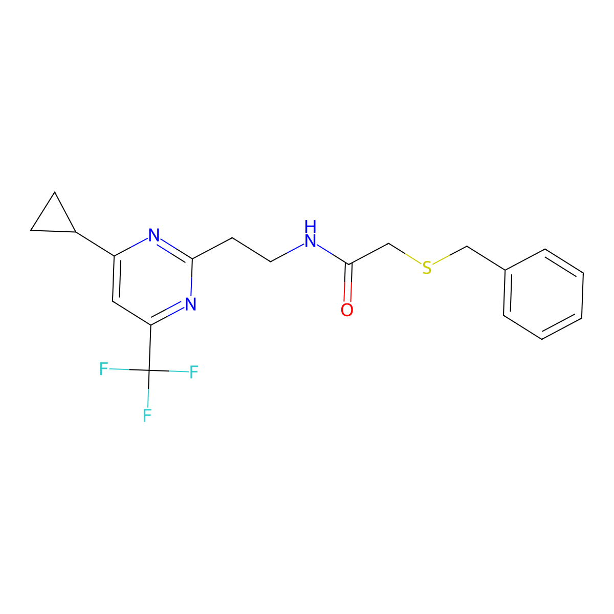 2-(benzylthio)-N-(2-(4-cyclopropyl-6-(trifluoromethyl)pyrimidin-2-yl)ethyl)acetamide molecular structure, CAS 1396871-17-2