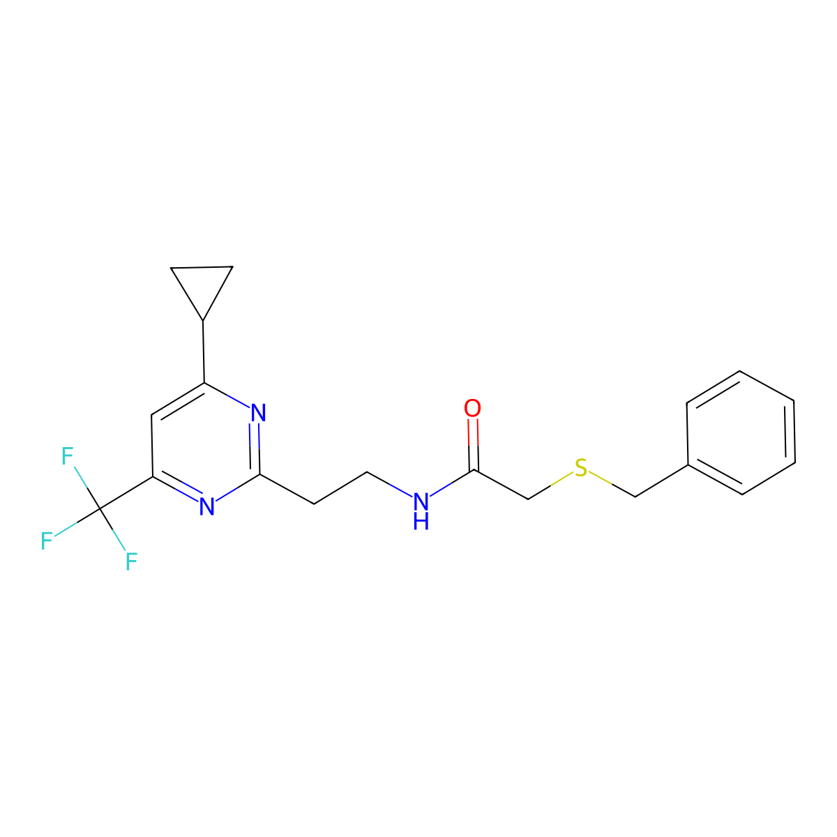 2-(benzylthio)-N-(2-(4-cyclopropyl-6-(trifluoromethyl)pyrimidin-2-yl)ethyl)acetamide molecular structure, CAS 1396871-17-2