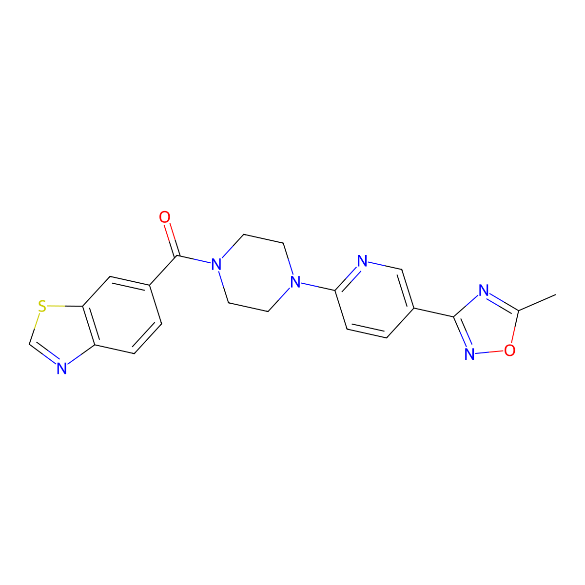 Benzo[d]thiazol-6-yl(4-(5-(5-methyl-1,2,4-oxadiazol-3-yl)pyridin-2-yl)piperazin-1-yl)methanone molecular structure, CAS 1396871-31-0