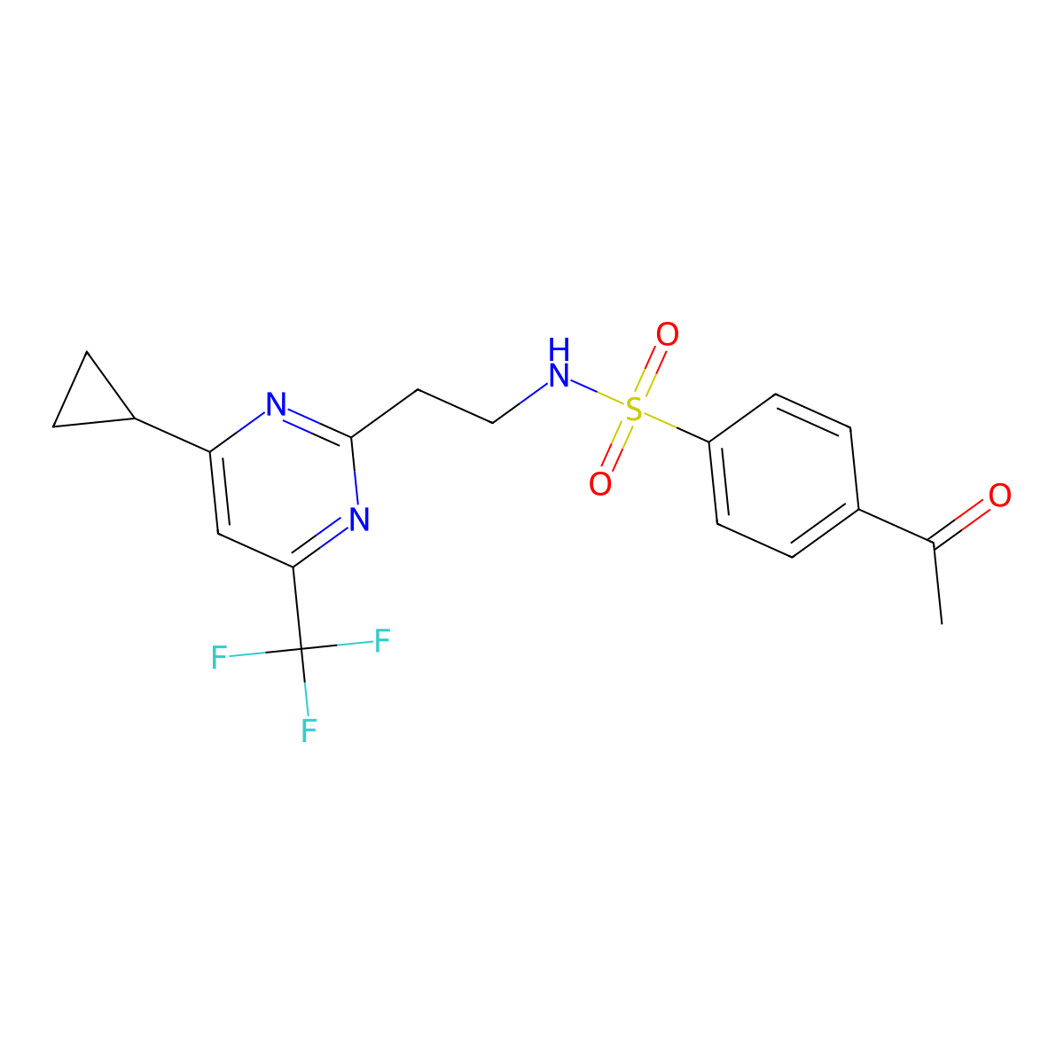 4-acetyl-N-(2-(4-cyclopropyl-6-(trifluoromethyl)pyrimidin-2-yl)ethyl)benzenesulfonamide molecular structure, CAS 1396871-33-2