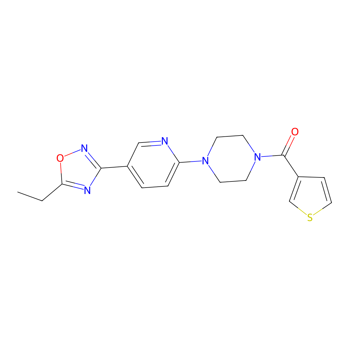 (4-(5-(5-Ethyl-1,2,4-oxadiazol-3-yl)pyridin-2-yl)piperazin-1-yl)(thiophen-3-yl)methanone molecular structure, CAS 1396871-37-6