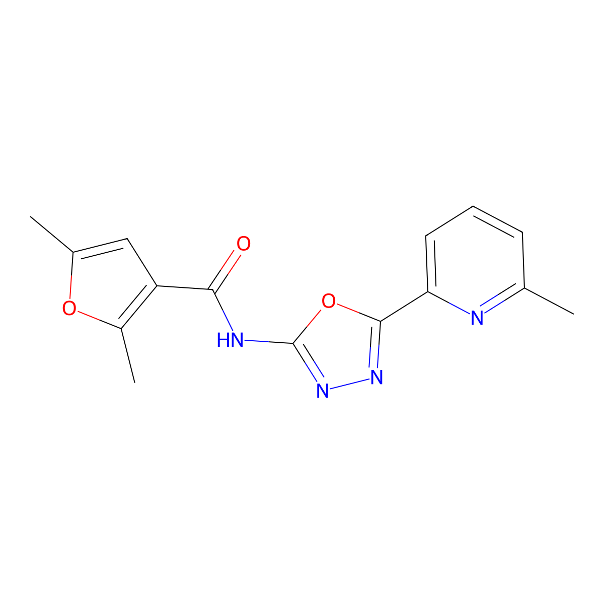 2,5-dimethyl-N-[5-(6-methylpyridin-2-yl)-1,3,4-oxadiazol-2-yl]furan-3-carboxamide molecular structure, CAS 1396871-57-0