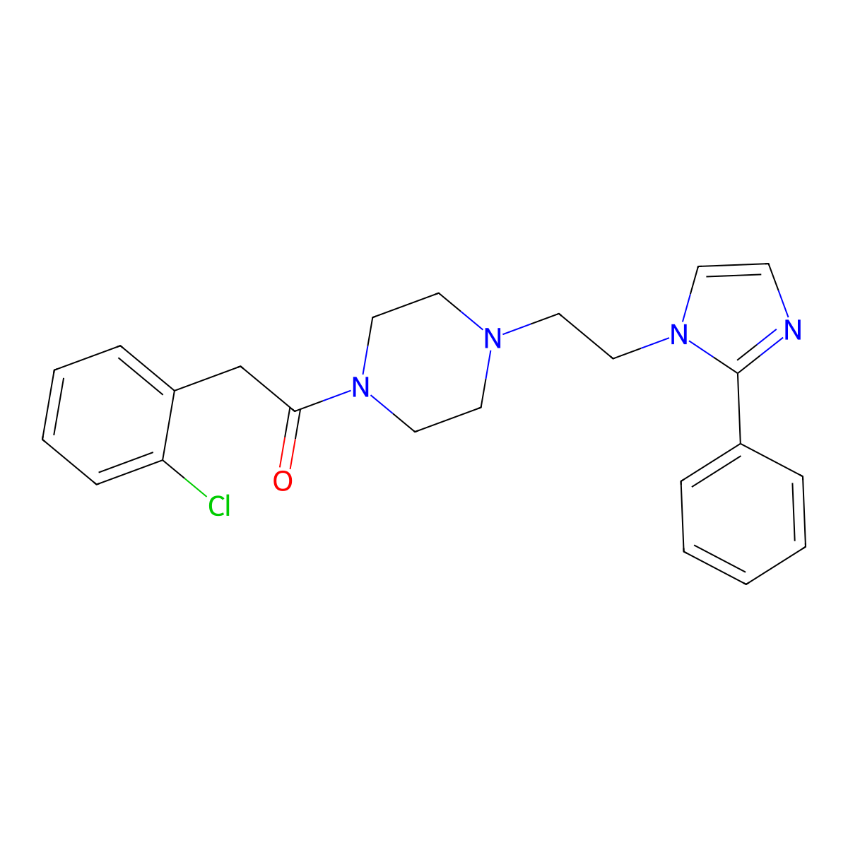 2-(2-chlorophenyl)-1-(4-(2-(2-phenyl-1H-imidazol-1-yl)ethyl)piperazin-1-yl)ethanone molecular structure, CAS 1396871-65-0