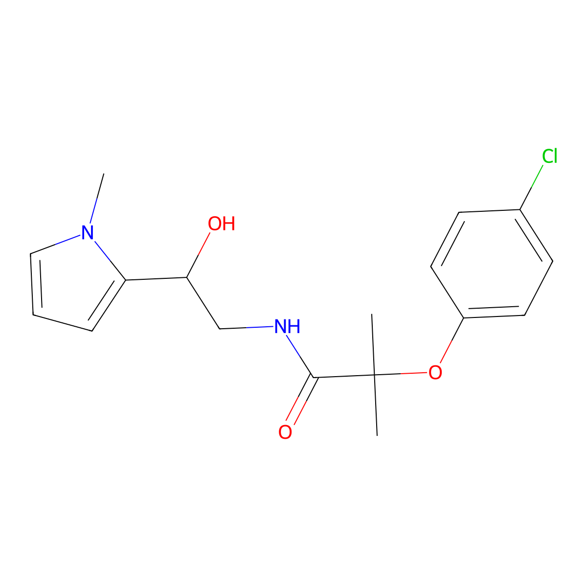 2-(4-chlorophenoxy)-N-(2-hydroxy-2-(1-methyl-1H-pyrrol-2-yl)ethyl)-2-methylpropanamide molecular structure, CAS 1396871-70-7