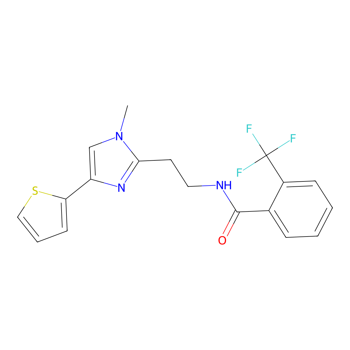 N-(2-(1-methyl-4-(thiophen-2-yl)-1H-imidazol-2-yl)ethyl)-2-(trifluoromethyl)benzamide molecular structure, CAS 1396871-72-9