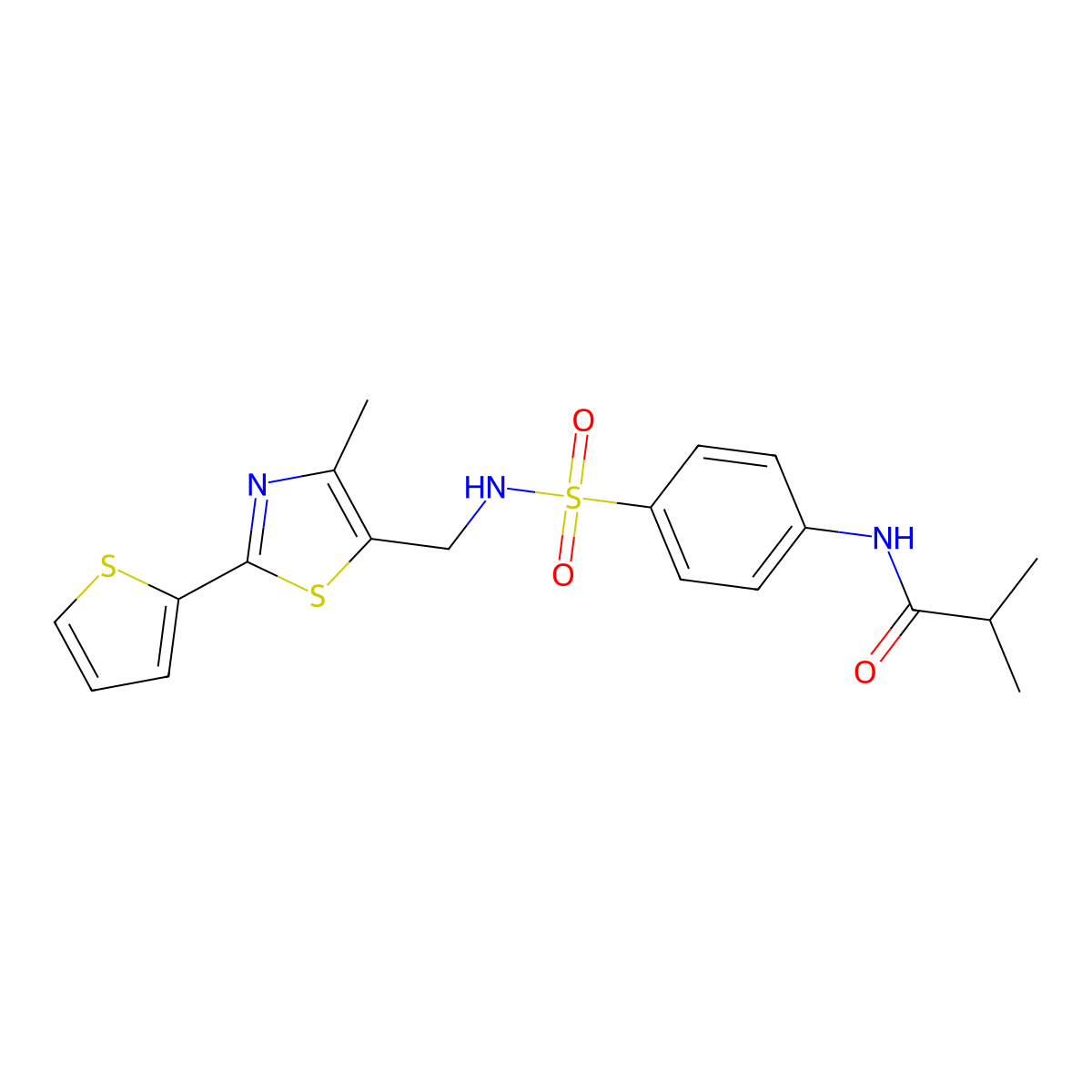 N-(4-(N-((4-methyl-2-(thiophen-2-yl)thiazol-5-yl)methyl)sulfamoyl)phenyl)isobutyramide molecular structure, CAS 1396871-73-0