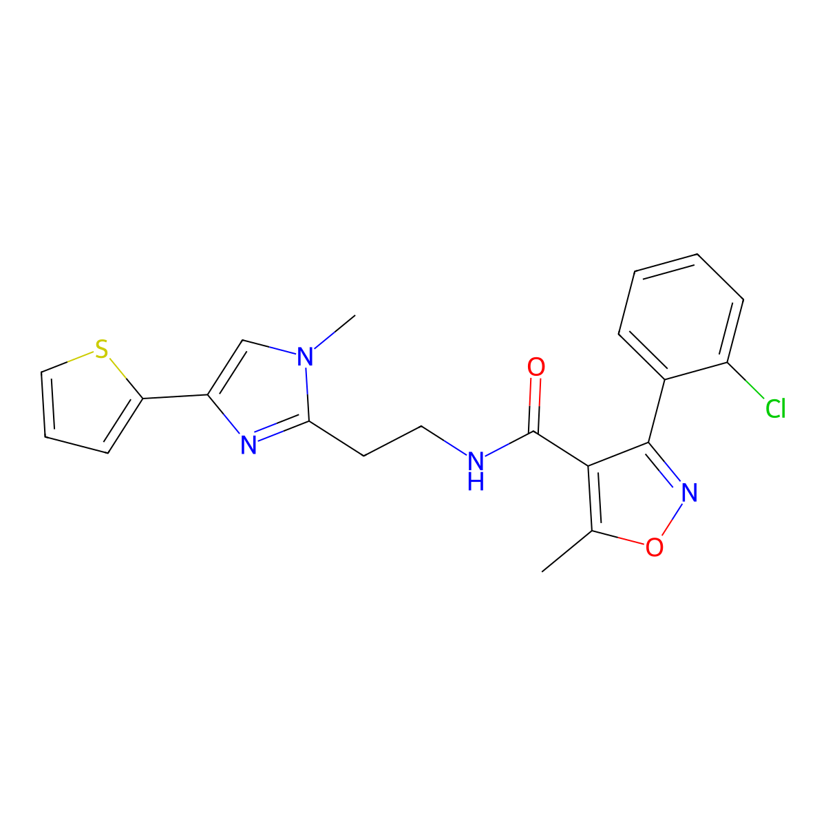 3-(2-chlorophenyl)-5-methyl-N-(2-(1-methyl-4-(thiophen-2-yl)-1H-imidazol-2-yl)ethyl)isoxazole-4-carboxamide molecular structure, CAS 1396871-79-6
