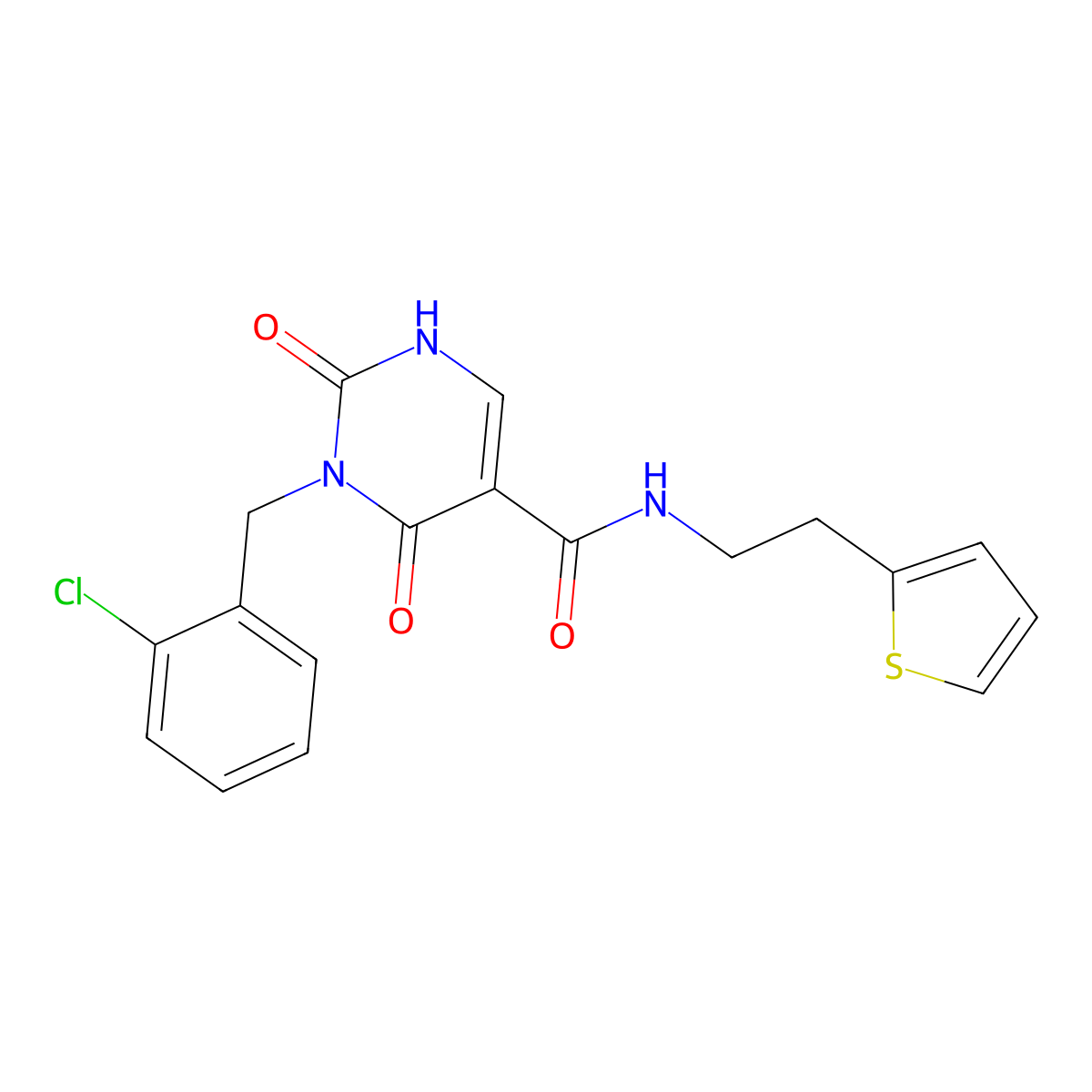3-(2-chlorobenzyl)-2,4-dioxo-N-(2-(thiophen-2-yl)ethyl)-1,2,3,4-tetrahydropyrimidine-5-carboxamide molecular structure, CAS 1396871-90-1