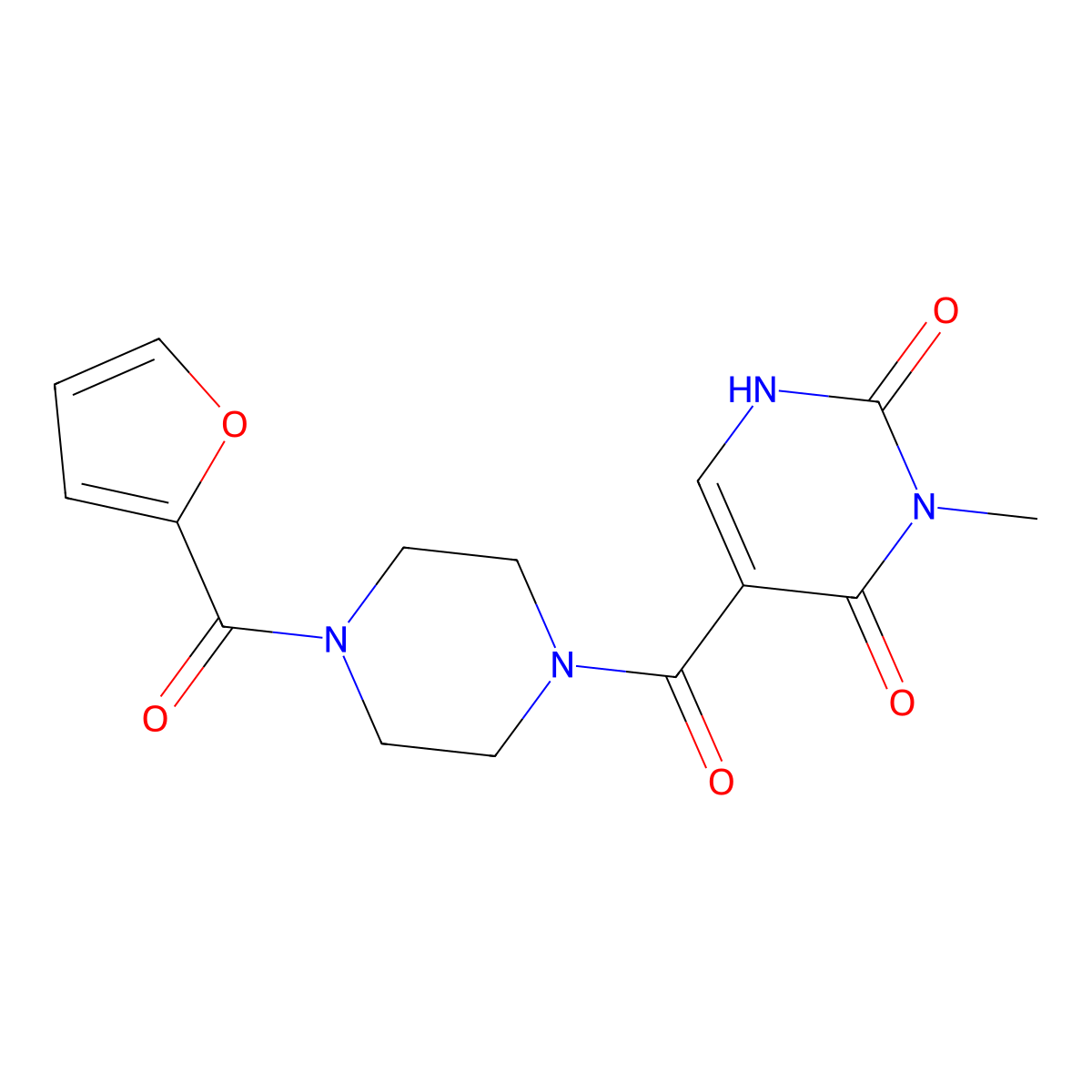 5-(4-(furan-2-carbonyl)piperazine-1-carbonyl)-3-methylpyrimidine-2,4(1H,3H)-dione molecular structure, CAS 1396872-02-8