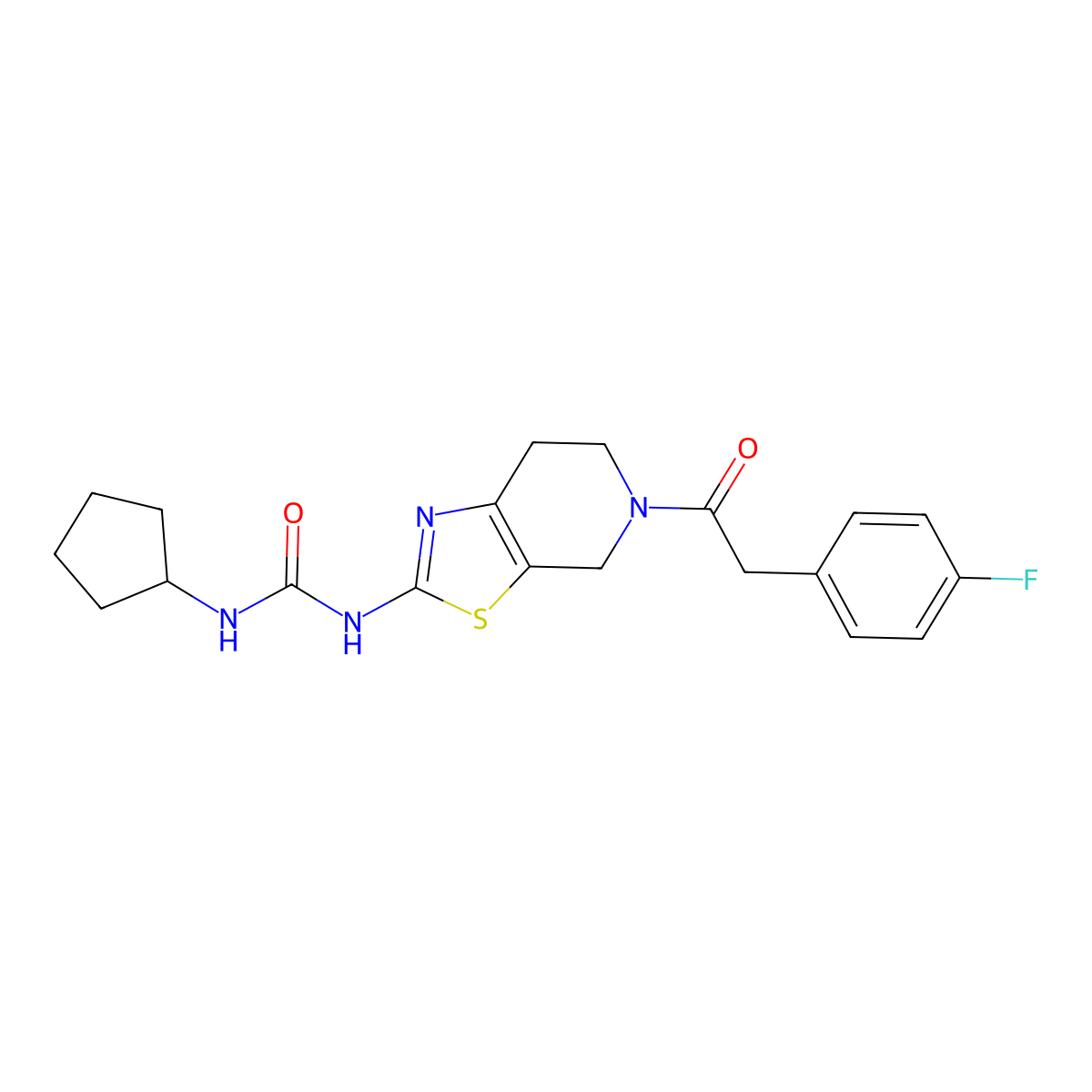 1-cyclopentyl-3-{5-[2-(4-fluorophenyl)acetyl]-4H,5H,6H,7H-[1,3]thiazolo[5,4-c]pyridin-2-yl}urea molecular structure, CAS 1396872-17-5