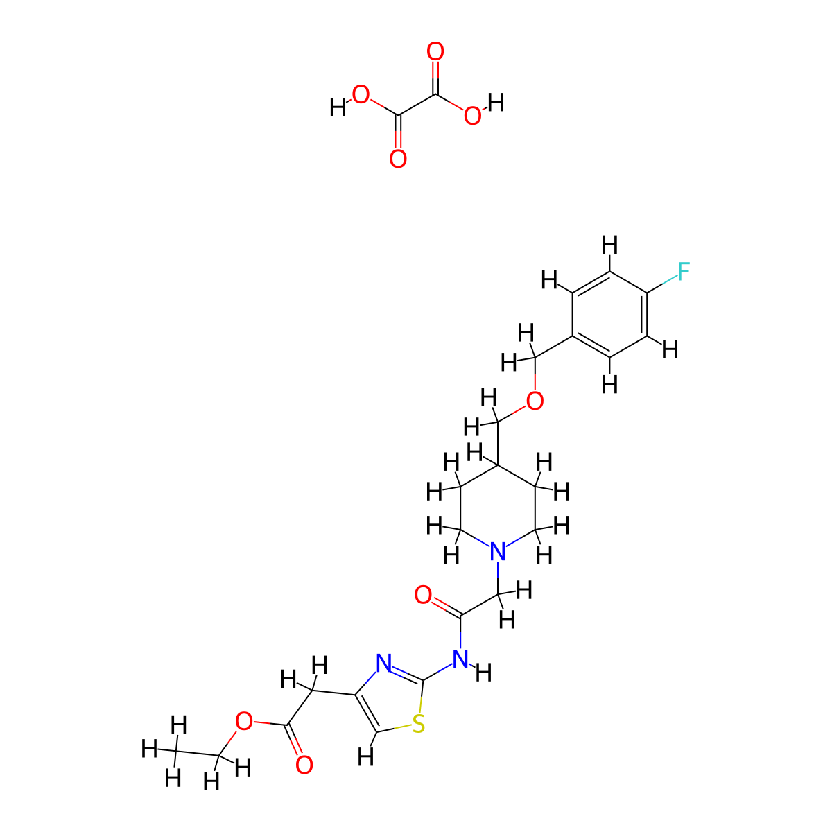 Ethyl 2-(2-(2-(4-(((4-fluorobenzyl)oxy)methyl)piperidin-1-yl)acetamido)thiazol-4-yl)acetate oxalate molecular structure, CAS 1396872-20-0