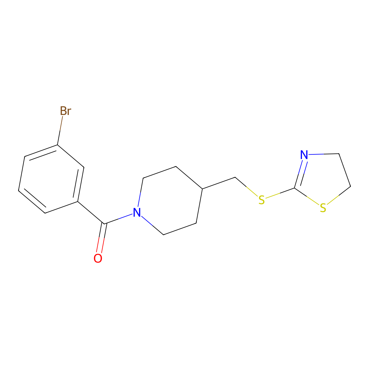 (3-Bromophenyl)(4-(((4,5-dihydrothiazol-2-yl)thio)methyl)piperidin-1-yl)methanone molecular structure, CAS 1396872-22-2