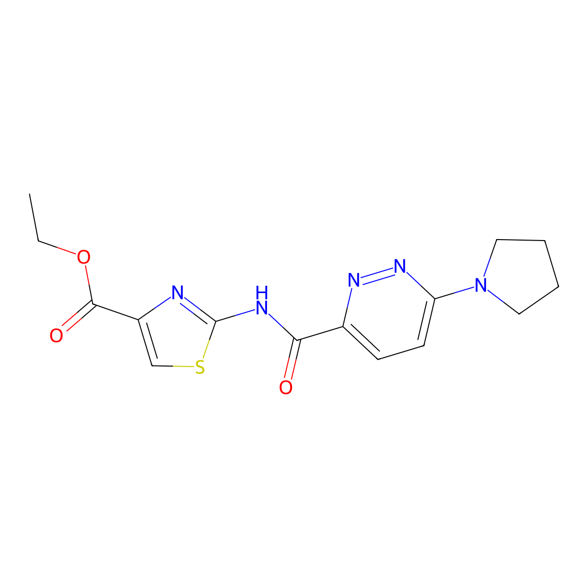Ethyl 2-(6-(pyrrolidin-1-yl)pyridazine-3-carboxamido)thiazole-4-carboxylate molecular structure, CAS 1396872-23-3